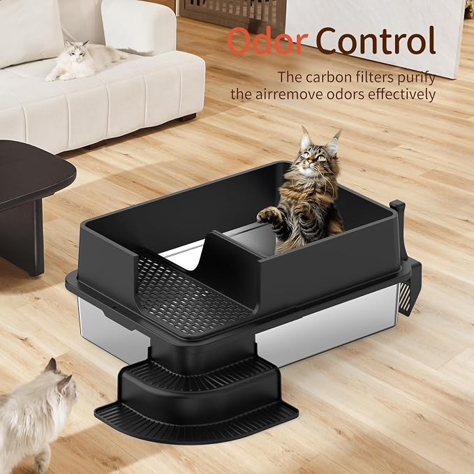 XXXL Stainless Steel Litter Box, 28"x20"x12" Extra Large Semi Enclosed High Sided Metal Cat Litter Box with Filtered Grid, Step, Scoop, Non-Sticky, Non-Odor, Easy Cleaning (Black)