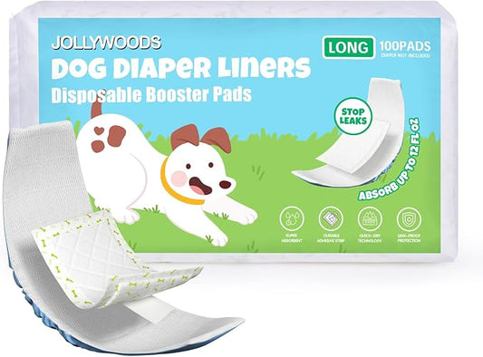 Jollywoods Dog Diaper Liners Booster Pads for Male & Female Dogs, Disposable Doggie Diaper Inserts Fit Dog Belly Bands and Male Wraps, Super Absorbent and Leakproof Long-100Count