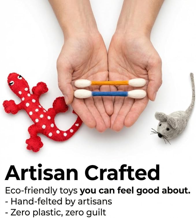 Glaciart One Wool Cat Toy Set with Organic Catnip | Interactive Cat Toys for Play, Exercise & Boredom Relief | Mouse, Lizard & Swabs