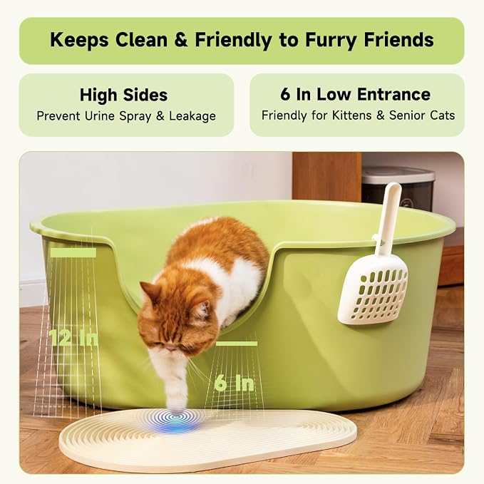 Cat Boxes for Indoor Cats - XL High-Walled Litter Pan with Anti-Splash Design, Low-Entry & Top Entry Cat Litter Box, Tool-Free Assembly Corner Tray (30x20x12 Inch, Green)