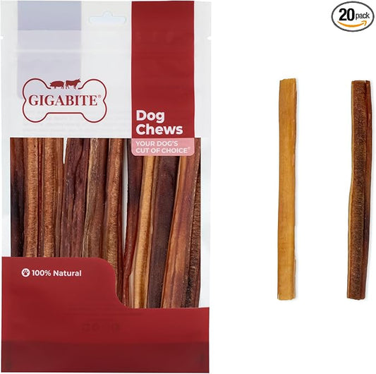 GigaBite Bully Sticks for Dogs All Natural Beef Pizzle Dog Chews, Odor & Rawhide Free Dog Treats, Long Lasting High Protein Chews Digestible Dental Dog Treat - Sticks (Medium Half-Cut 6"), Pack of 20