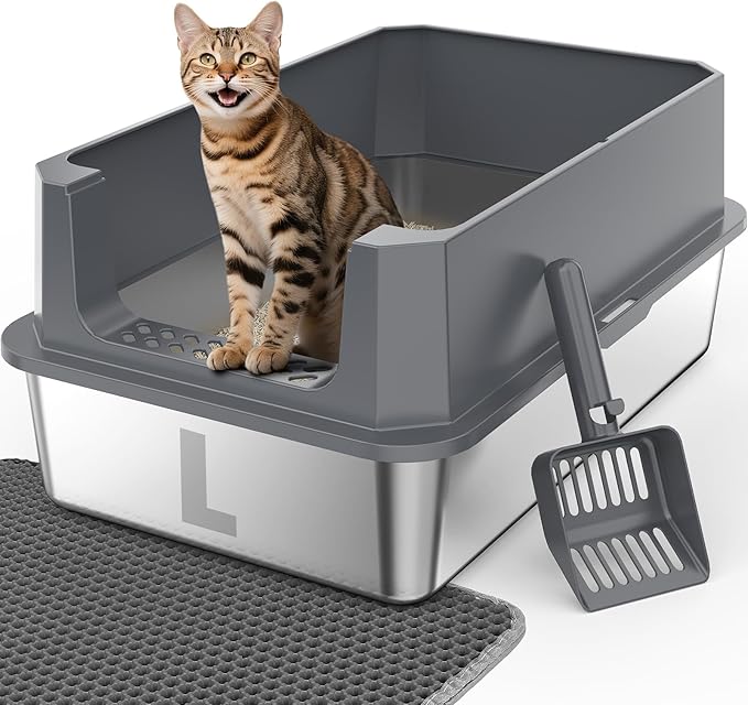 FURTIME Stainless Steel Cat Litter Box, Easy-Clean High-Sided Metal Litter Box, Open-Top Litter Pan for Large Cats, Includes Scoop & Mat, Non-Stick, Anti-Leakage, 23"×15"×10.5"