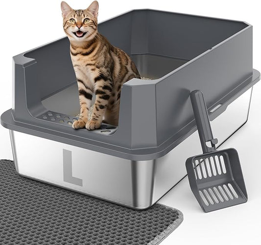 FURTIME Stainless Steel Cat Litter Box, Easy-Clean High-Sided Metal Litter Box, Open-Top Litter Pan for Large Cats, Includes Scoop & Mat, Non-Stick, Anti-Leakage, 23"×15"×10.5"