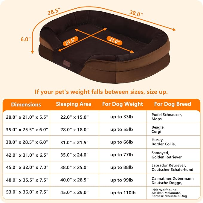 Dwanton Orthopedic Dog Bed for Large Dogs with Gel Memory Foam, Waterproof Dog Sofa, Washable Pet Bed with Four Sided Bolster Cushion, Removable Cover & Non-Slip Bottom, 38", Brown