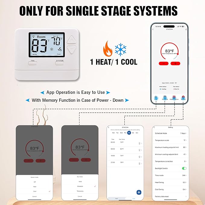 Heagstat WiFi Thermostat for Home 1 Heat/1 Cool 24V Conventional System, APP Remote Control, 7-Day Programmable, C-Wire Required