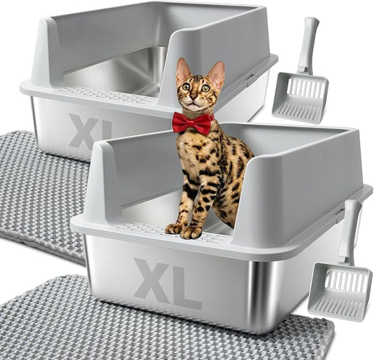 2PACK Stainless Steel Cat Litter Box with High Sides Lid, Extra Large XL Litter Box for Big Cats, Metal Kitty Litter Box, Anti-Urine Leakage, Easy Cleaning, Non-Sticky, Scoop and Mat Included
