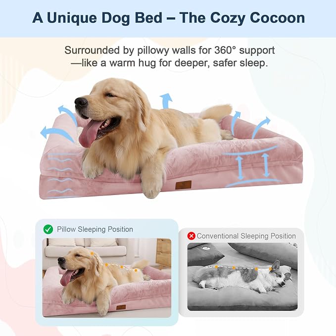 Medium Orthopedic Dog Beds, Large Waterproof Dog Bed with Removable Cover, 4-Sides Bolster Support Pet Soft Sofa, Washable Pet Beds for Large Dogs, Pink