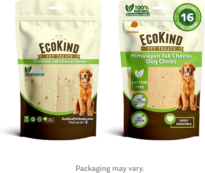 EcoKind Yak Cheese Himalayan Dog Chews, Yak Chews for Small Dogs, Long Lasting Bone for Aggressive Chewers, Only 4 Ingredients, Natural High Protein Dog Treats, No Additives, Chicken, Small - 16 Chews