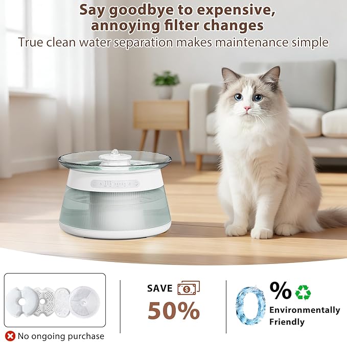 Glass Smart Cat Water Fountain, Cordless Filterless Cat Drinking Fountain No Filter Needed, Ultra Silent Wireless Pet Water Dispenser Bowl Indoor