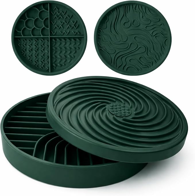4-in-1 Slow Feeder Dog Bowl and Lick Mat Set, 1 Base and 3 Interchangeable Textured Lids, Suction Base, BPA-Free Silicone, Dishwasher Safe