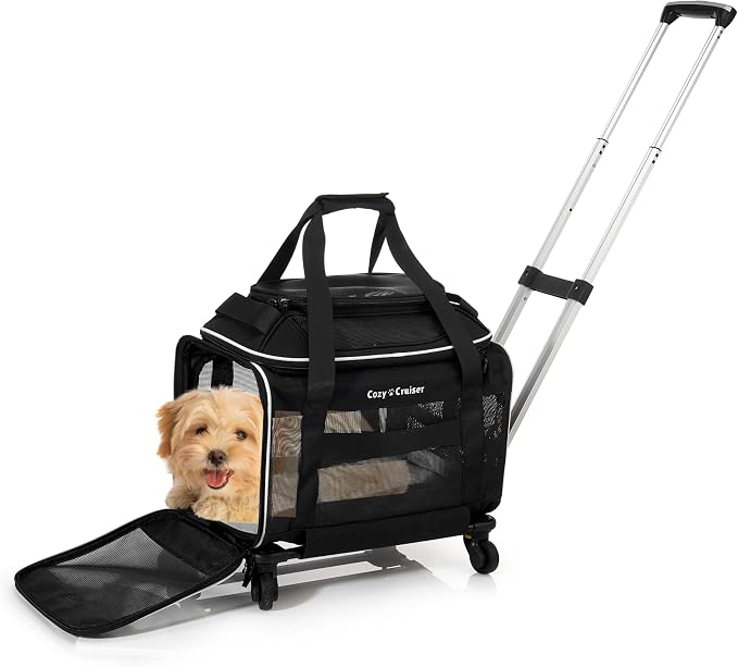 Airline Approved Top-Expanding Pet Carrier on Wheels- Extra Spacious Soft Lined Carrier! 18x11x11 (Mesh Sides)