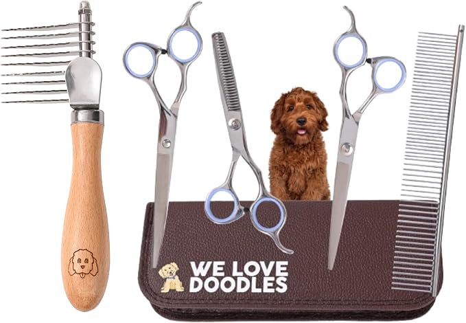 Dog Grooming Scissors Kit & Dog Dematting Rake Bundle - Straight, Curved & Thinning Shears, Grooming Kit, Professional Grade Steel, Detangler Brush for Dogs, Matted Fur Removal on Undercoat