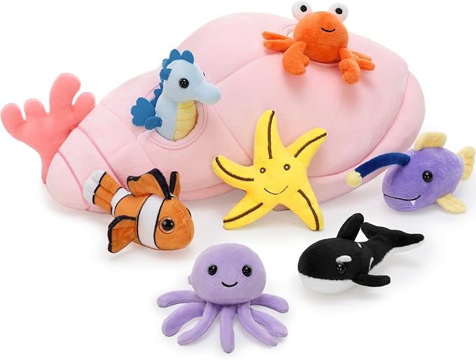 Muiteiur 9-Piece Conch Shell Stuffed Animals with Sea Creatures Inside, 12.6" Soft Ocean Plush Toys for Kids Ages 3+, Hide and Seek Interactive Playset for Birthday, Baby Shower & Nursery Decor