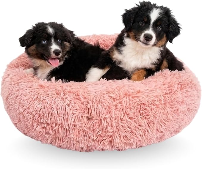 Active Pets Premium Medium Donut Dog Bed, Fits Up to 45 lbs, Machine Washable Cushion, Plush Long Pile Faux Fur Fabric, Portable Pink Pet Bed Furniture for Puppies Adult Canines & Cats