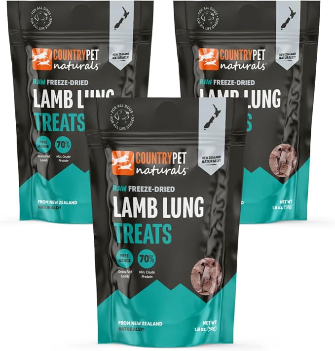 New Zealand Raw Freeze-Dried Pure Lamb Lung 70% Protein Bites - 100% Grass-Fed, Super Premium, Single Ingredient, Grain & Gluten Free Dog Treat & Topper. No Crumbling, 3-Pack