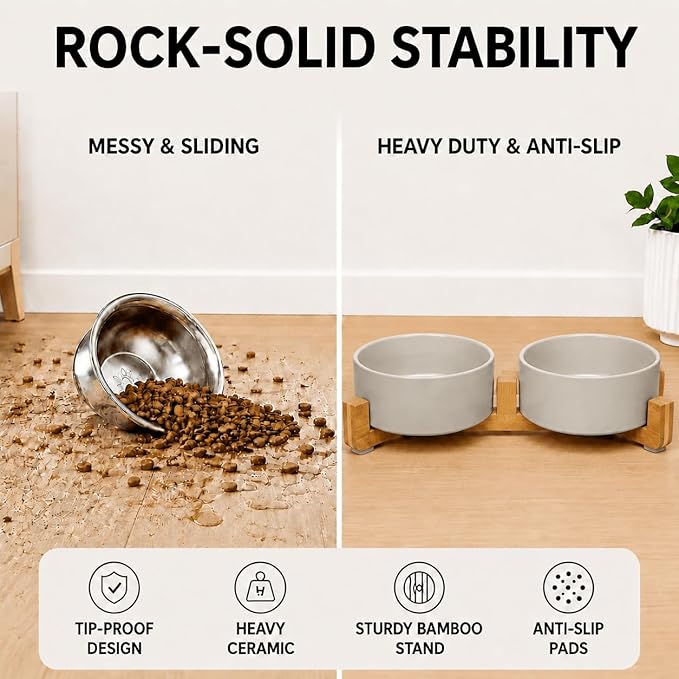 SPUNKYJUNKY Ceramic Dog and Cat Bowl Set with Wooden Stand, Modern Cute Weighted Food Water Bowl Set for Medium to Large Size Dogs (42 OZ, 2 × Grey)
