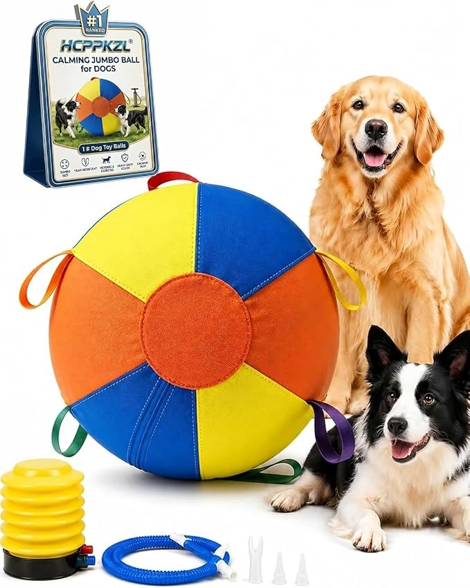 10/18/22" Calming Jumbo Ball for Dogs Durable Tear-Resistant Inflatable Big Ball Tough Herding for Play Exercise Toy with Heavy-Duty Handle Cover & Pump Fun Doggy Herding Dog Giant Tennis(A,18in)