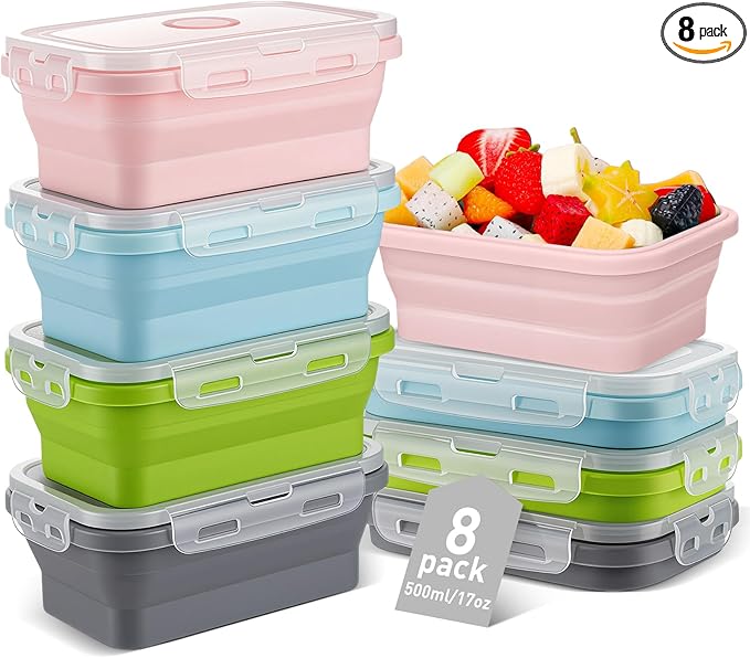 Mifoci Set of 8 Silicone Collapsible Bowls for Camping with Vent Lid Silicone Storage Containers for Food Meal Preparation Square Bowl Microwave Freezer Dishwasher Safe(Morandi Color,17 Oz/ 500 ml)