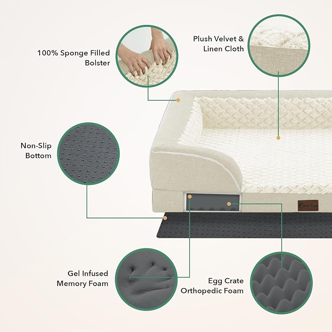 Orthopedic Dog Beds for Extra Large Sized Dogs 53x42 Inch, XXL Waterproof Egg Crate Foam Dog Sofa Bed with Removable Washable Cover Big Pet Couch with Bolster & Non-Slip Bottom, Beige