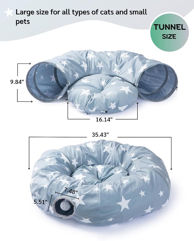 JanYoo Large Cat Tunnel Bed for Indoor Cats, Cat Cave Bed Donut Tunnel with Ball, Foldable Interactive Pet Cave Toys Tube for Indoor Cats Kitten Puppy Bunny, Grey