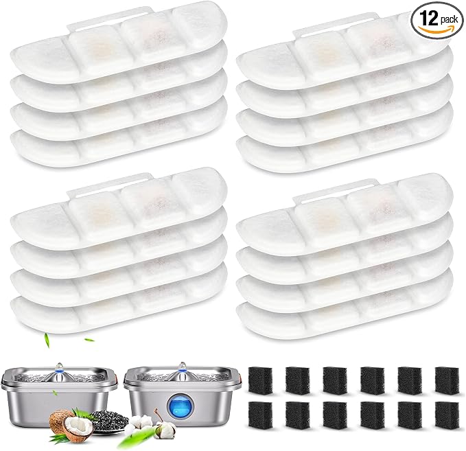 12 Pack Replacement Filters Compatible with Pawtners WF008A Pet Cat Dog Water Fountain (4L/135oz), Refill Filters with 12 Sponges