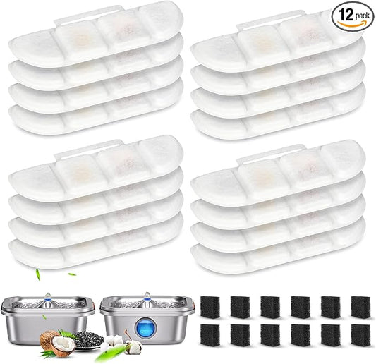 12 Pack Replacement Filters Compatible with Pawtners WF008A Pet Cat Dog Water Fountain (4L/135oz), Refill Filters with 12 Sponges