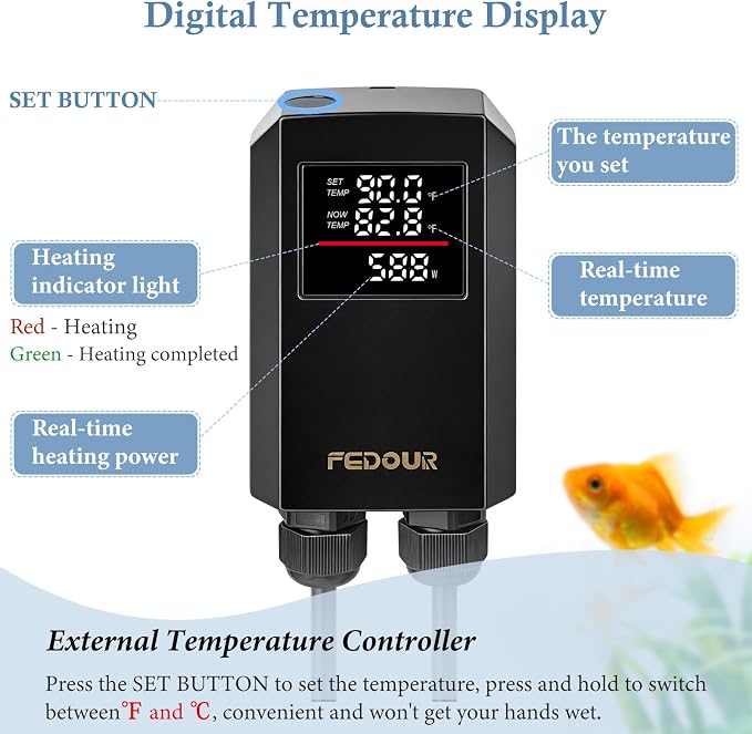 FEDOUR 600W 800W Titanium Aquarium Heater with Digital Controller, Submersible Aquarium Heater with Overheating Protection, for up to 220Gallon Fish and Turtle Tank (600W for up to 160Gal)