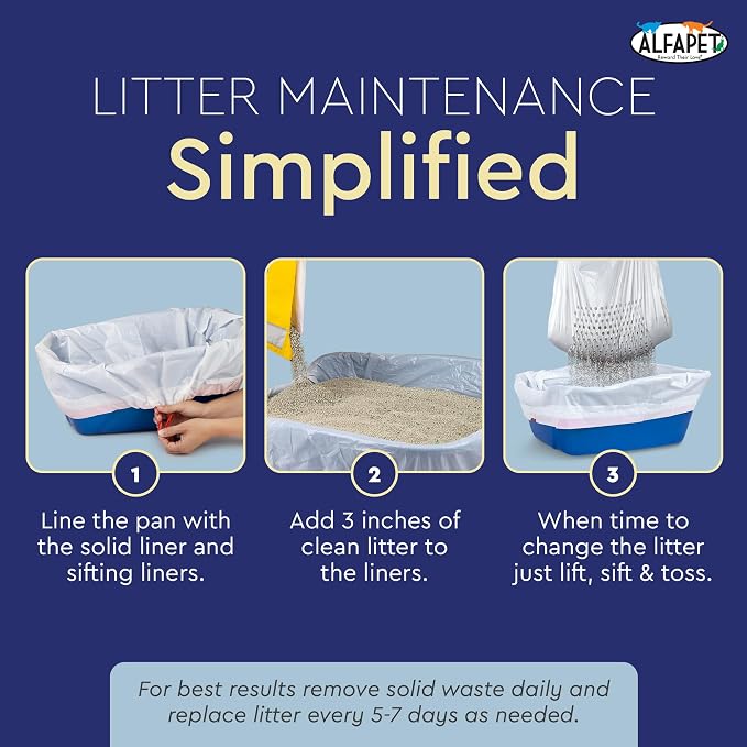 Alfapet Self Sifting Cat Litter Box Liners, Set of 21, Flat Base, XL Design, With Inbuilt Drawstrings, Fits Large Trays, Reinforced, 36 in x 18 in