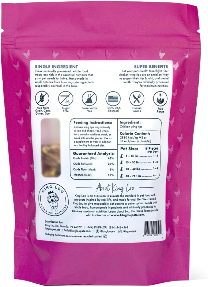 King Lou Pets Whole Chicken Wing Tips for Dogs & Cats, USA-Made Dehydrated Chicken Treats, Human-Grade Crunchy Dental Chews for Pet Hip & Joint Health, 30 Count