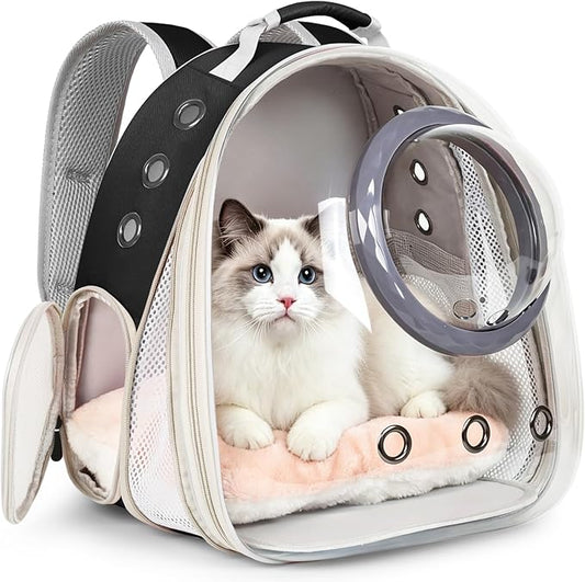 Front Extension Cat Backpack Carrier, Pet Travel Backpack for Kitten and Small Dogs, Clear Bubble Window Space Capsule Astronaut Liked Portable Vet Visit Book Bag Airline Approved