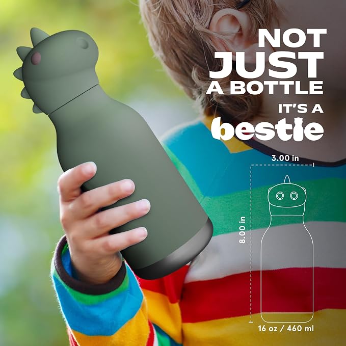 asobu Bestie Bottle Insulated Stainless Steel Water Bottle with Detachable Soft Animal Head Fun Drinking for Kids and Teens with Flexible Reusable Straw 16 Ounce (Dinosaur)