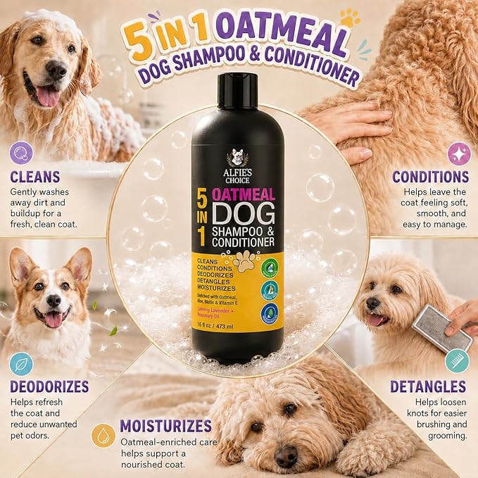 Oatmeal Dog Shampoo and Conditioner for Itchy Skin Relief | Puppy Shampoo for Sensitive Skin 5-in-1 | Cleans, Deodorizes & Detangles | Dog Wash for All Breeds | 16 fl oz | ALFIE'S CHOICE