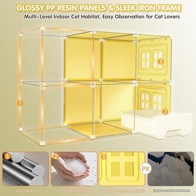 Cat Cage 3-Tier with Built-in Litter Box & Free Scoop Cat Enclosure with Detachable Metal Frame Transparent Window DIY Zones Cats Kennel for 1-3 Cats Indoor Playpen 41" x18" x 41"
