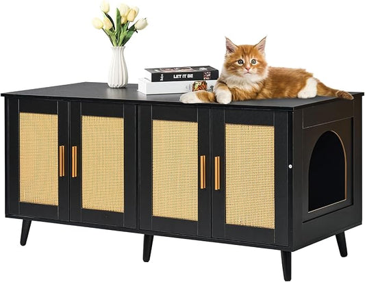 VEVOR Cat Litter Box Enclosure for 2 Cats, Litter Box Furniture Hidden with Double Rooms, Wooden Cat Box Cabinet Fit Most of Litter Box