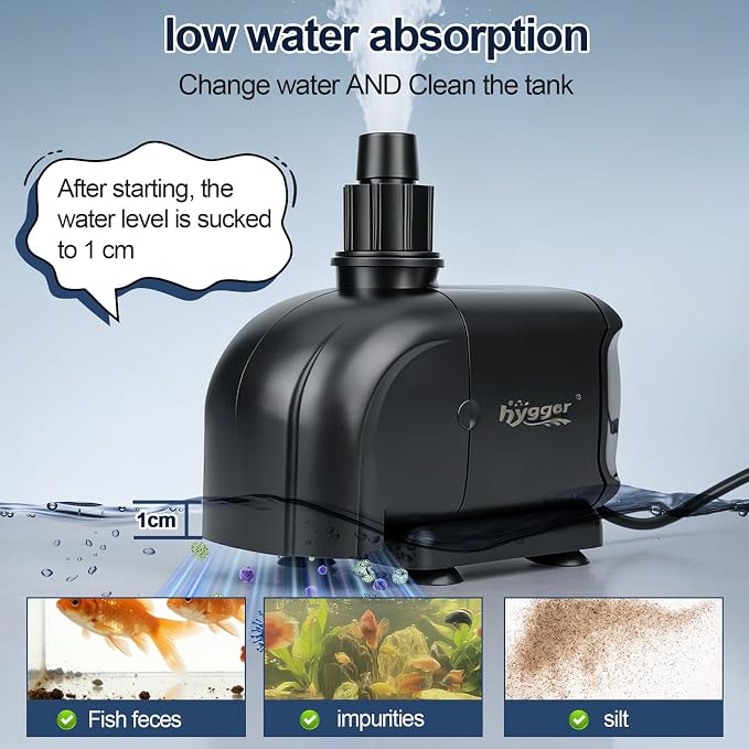 hygger 2-in-1 1585GPH Submersible Pump 105W,Side and Bottom Suction Fountain Water Pump with 15.8ft High Lift,Water Change with 4 Interchangeable Nozzles for Aquarium, Fish Tank, Hydroponics,Pond