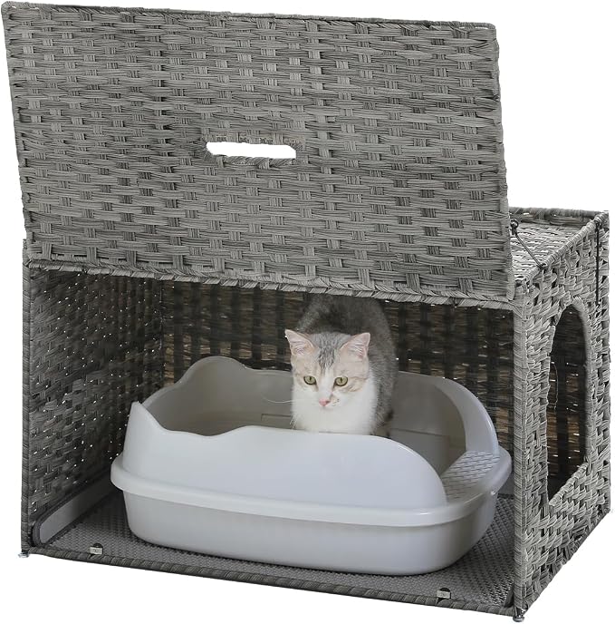 MUTTROS Rattan Cat Litter Box Enclosure - Extra Large Hidden Litter Box Furniture by Handwoven Wicker with Taller Doorway & Raised Edge Mat-Cat House Cabinet for Large Cats Indoor Odor Control, Gray