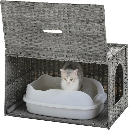 MUTTROS Rattan Cat Litter Box Enclosure - Extra Large Hidden Litter Box Furniture by Handwoven Wicker with Taller Doorway & Raised Edge Mat-Cat House Cabinet for Large Cats Indoor Odor Control, Gray