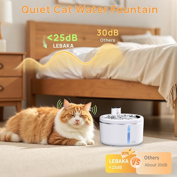 Wireless Cat Water Fountain with Stainless Steel Tray, 102oz/3L Pet Water Fountain for Cats Inside, Cat Fountain for Drinking with Motion Sensor, Ultra Quiet Pump, Cats & Dogs Gifts-8Filters