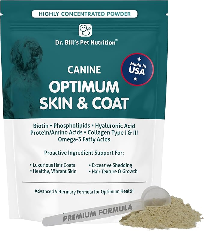 Dr. Bill's Canine Optimum Skin & Coat – Reduces Shedding, Itching, Dry Skin – Allergy Relief for Healthy Fur - Omega 3, Collagen, Biotin & Hyaluronic Acid – 680g Vet-Recommended Dog Supplement