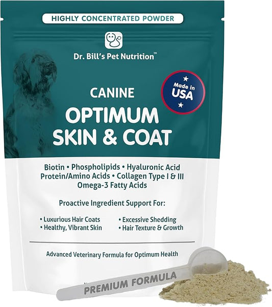 Dr. Bill's Canine Optimum Skin & Coat – Reduces Shedding, Itching, Dry Skin – Allergy Relief for Healthy Fur - Omega 3, Collagen, Biotin & Hyaluronic Acid – 680g Vet-Recommended Dog Supplement