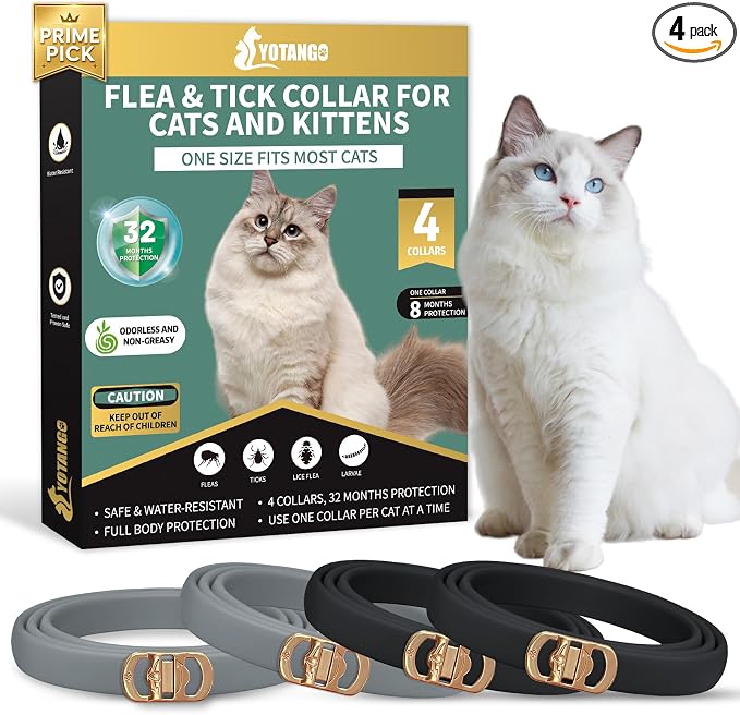 YOTANGO 4 Pack Flea Collar for Cats, 32 Months Flea and Tick Prevention for Cats, Waterproof Cat Flea Collar, Cat Flea and Tick Treatment, Adjustable Flea and Tick Collar for Cats Kittens-Black&Gray