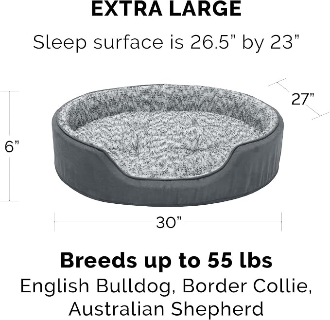 Furhaven Dog Bed for Large Dogs w/ Removable Washable Cover & Pillow Cushion Insert, For Dogs Up to 55 lbs - Two-Tone Faux Fur & Suede Oval Lounger - Gray, XL/Extra Large