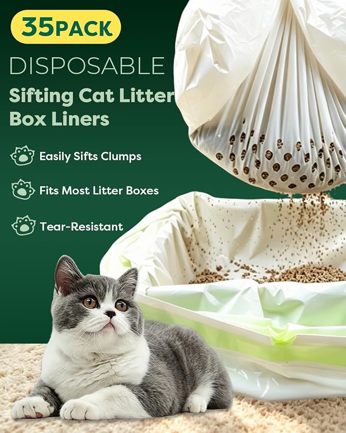 35 Count Sifting Cat Litter Box Liner, Tear-Resistant Cat Litter Bags, Sifting Litter Box Liners with Holes Drawstring, 18x37 Inch Tear-Resistant Cat Litter Bags for Most of the cat litter boxes