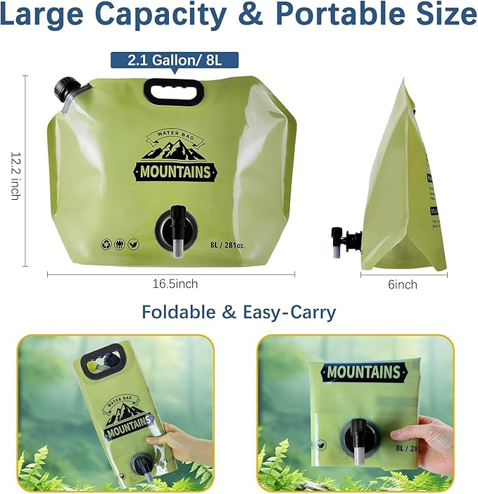 Water Jug Camping 2.1 Gallon Collapsible with Spigot, BPA Free Portable Water Pouch Foldable Water Bags for Outdoor Hiking, Travel and Emergency & Water Storage Containers (Green-4Pcs)