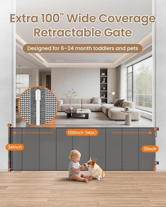 Retractable Baby Gate Extra Wide, 100" Wide Reinforced Mesh Pet Gate with 8 Support Rods, 34" Tall Extra Long Dog Gate for Family Rooms, Open Living Areas and Play Areas, Gray