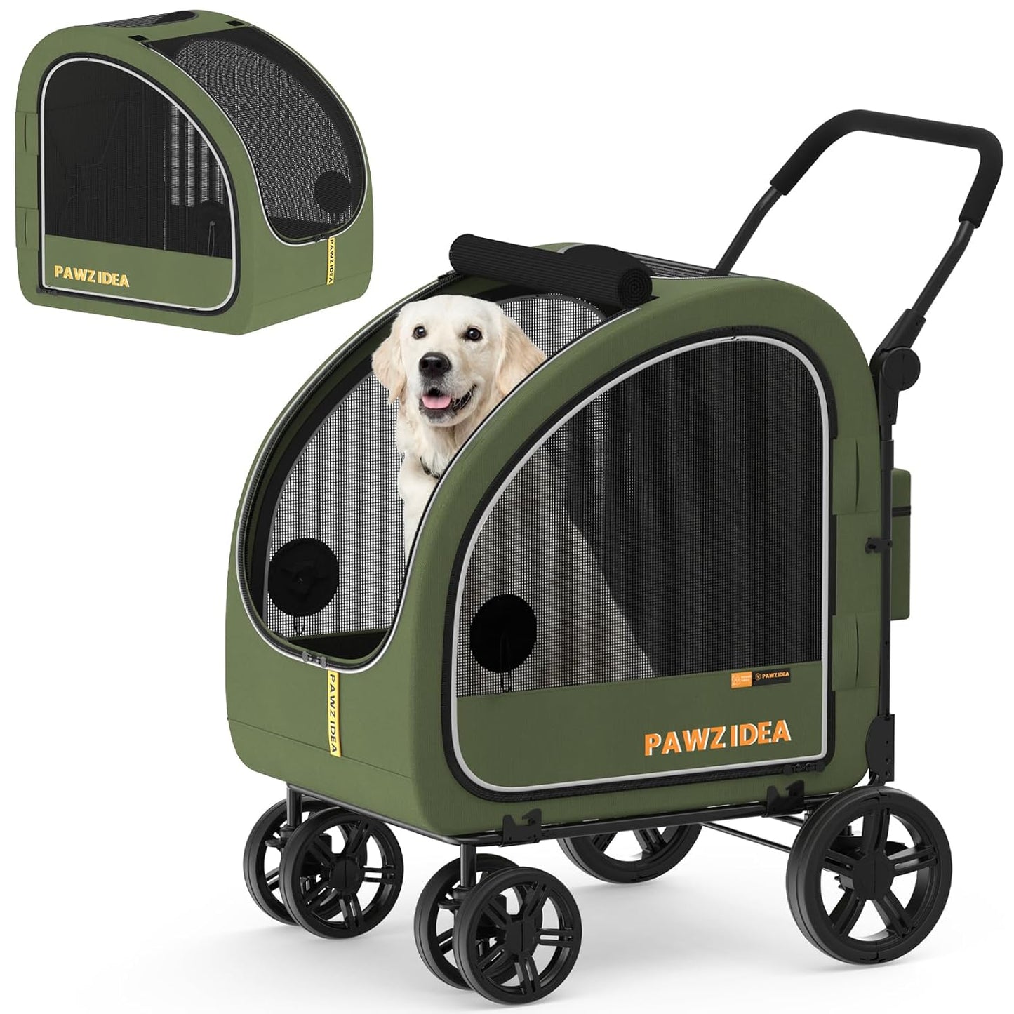 PAWZIDEA Dog Stroller for Large Dogs, Collapsible Pet Stroller with Detachable Carrier, Portable Dog Crate for Car Seat, Adjustable Handle, All-Terrain 9” Wheels, Ideal for Travel & Outdoor Adventures