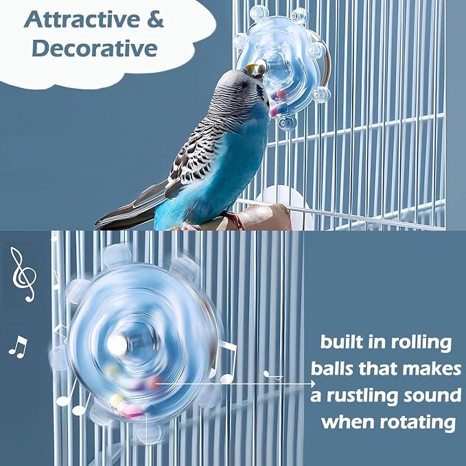 Bird Perch Toy with Mirror for Cage, Wooden Interactive Rocking Exercise Wheel, Spinner Rattle Chewing Enrichment Toy, Cage Accessories for Parakeet Cockatiel Conure (1pc, Random Color)