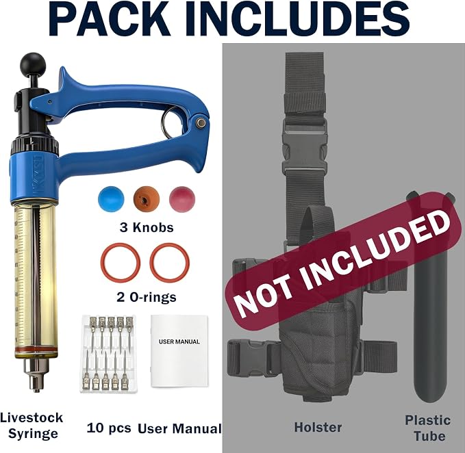 50mL Semi Automatic Livestock Syringe Adjustable Dosage Repeater Injector (1-5mL) with Luer Lock Tip for Cattle, Sheep, Goats & Pigs Continuous Injection Gun for Farm Herd, Blue