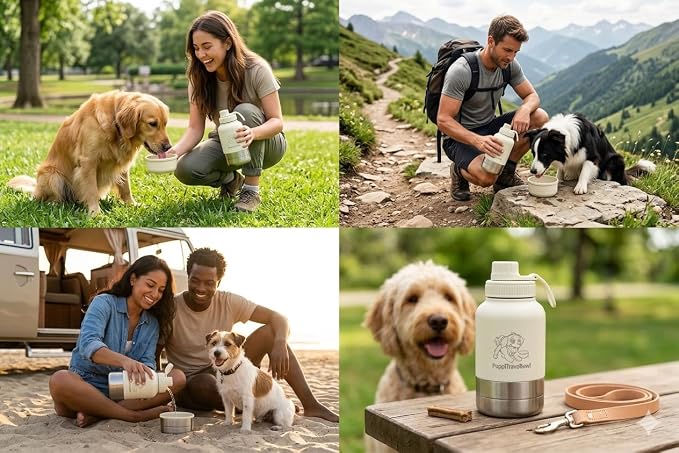 Dog Travel Water Bottle with Bowl – PuppiLovePets 3-in-1 Portable Dog Water Bottle 32oz, Stainless Steel, 2 Detachable Cups, Leak-Proof, BPA-Free – Hiking, Walking & Camping – Ivory