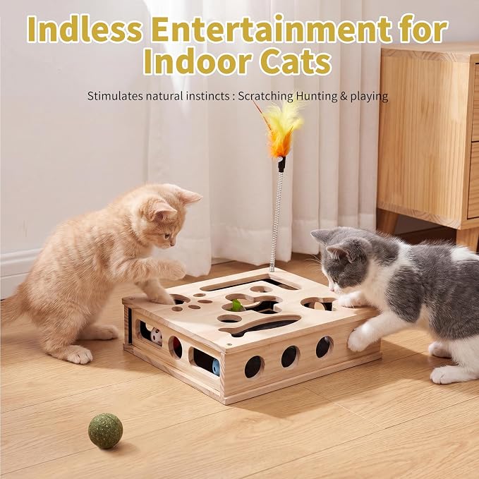 Cat Nail Care Enrichment Box, Interactive Cat Activity Box with 4 Bell Balls, 2 Catnip Balls & 1 Feather Wands, Natural Claw Care & Boredom Relief for Indoor Cats
